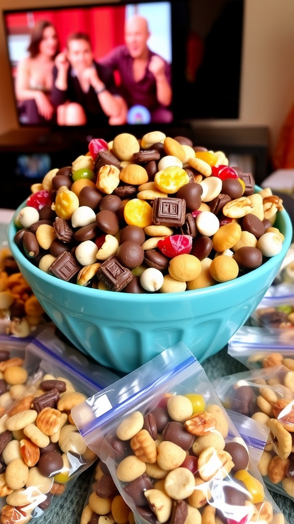 A colorful bowl of homemade snack mix with nuts, dried fruits, and chocolate chips, surrounded by snack bags in a cozy setting.
